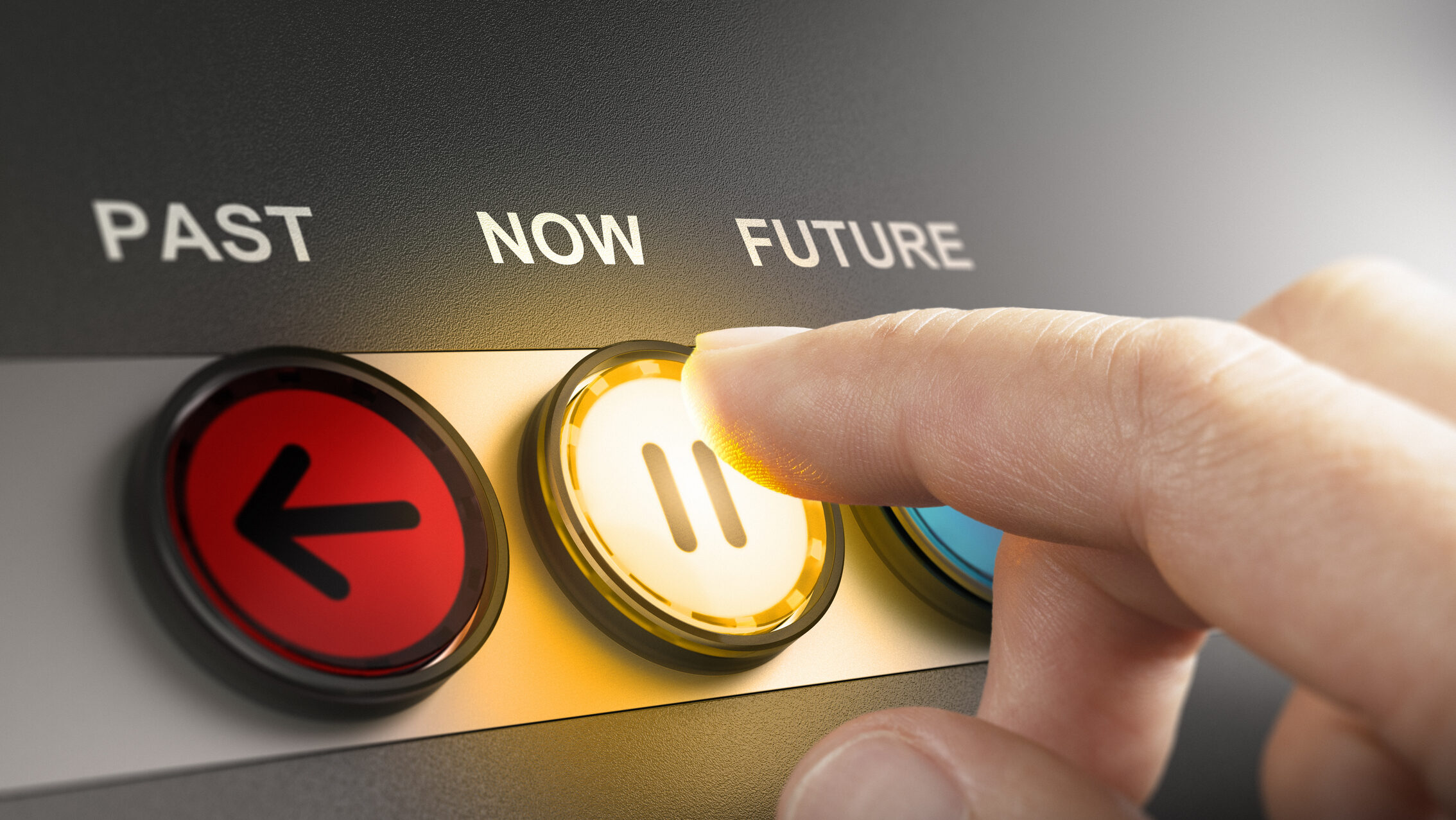 Man pressing a yellow button with the word now printed on the top, to stop the time and live in the present moment. Composite image between a hand photography and a 3D background.